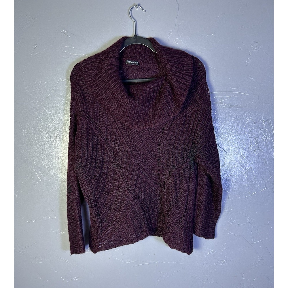 Eileen Fisher cowl-neck sweater deep burgundy open-weave mohair Size M
